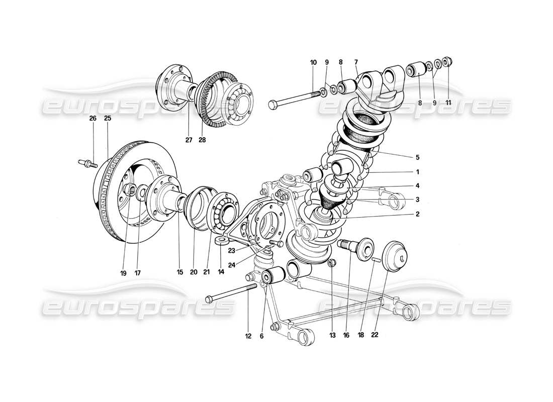 ferrari 412 (mechanical) front suspension - shock absorber and brake disc parts diagram