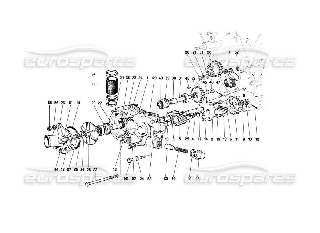 ferrari 400i (1983 mechanical) water pump and engine oil pump part diagram