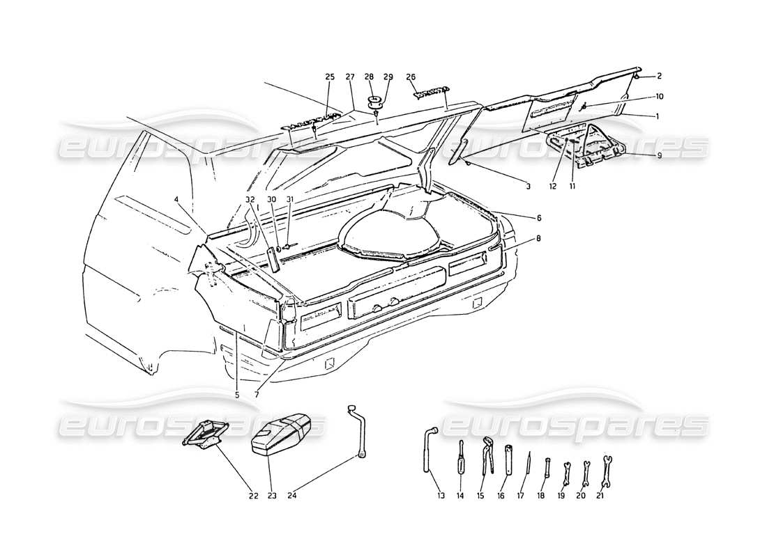 maserati biturbo 2.5 (1984) boot - badges, carpet and tools part diagram