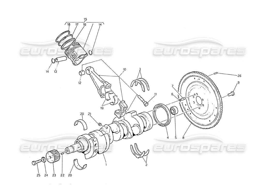 maserati biturbo 2.5 (1984) crankshaft - pistons - connecting rods and flywheel part diagram