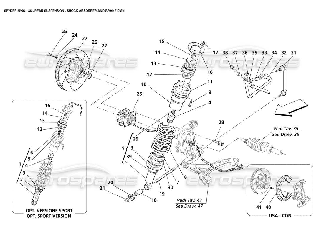 maserati 4200 spyder (2004) rear suspension shock absorber and brake disk parts diagram