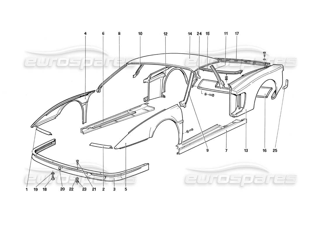 ferrari testarossa (1990) body - external components parts diagram