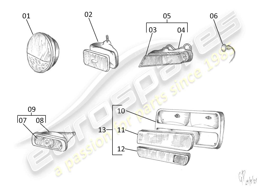 lamborghini urraco p250 / p250s front and rear lights parts diagram
