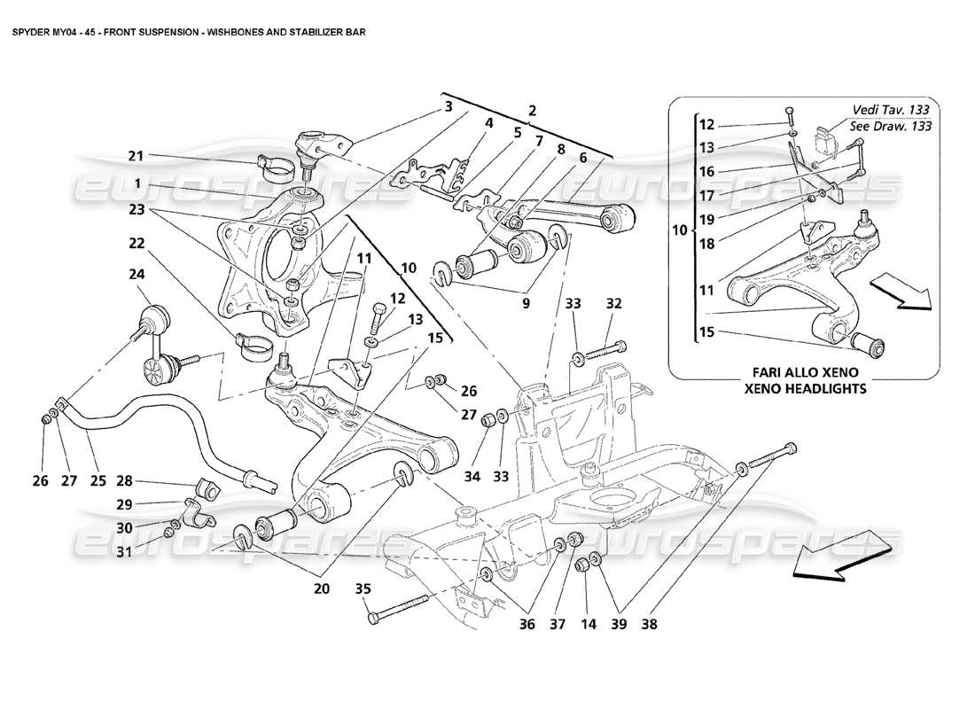 maserati 4200 spyder (2004) front suspension wishbones and stabilizer bar parts diagram