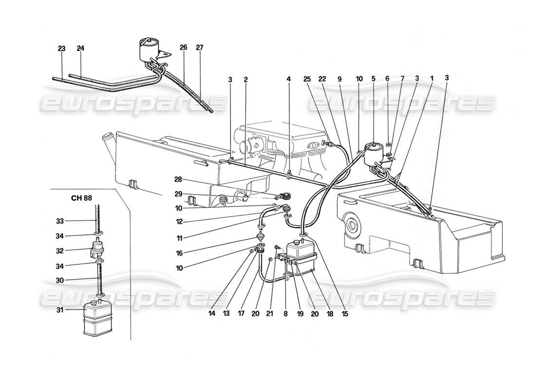 ferrari mondial 3.2 qv (1987) antievaporative emission control system (for us and sa version) parts diagram