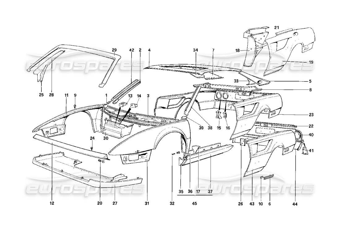 ferrari mondial 3.2 qv (1987) body shell - outer elements part diagram