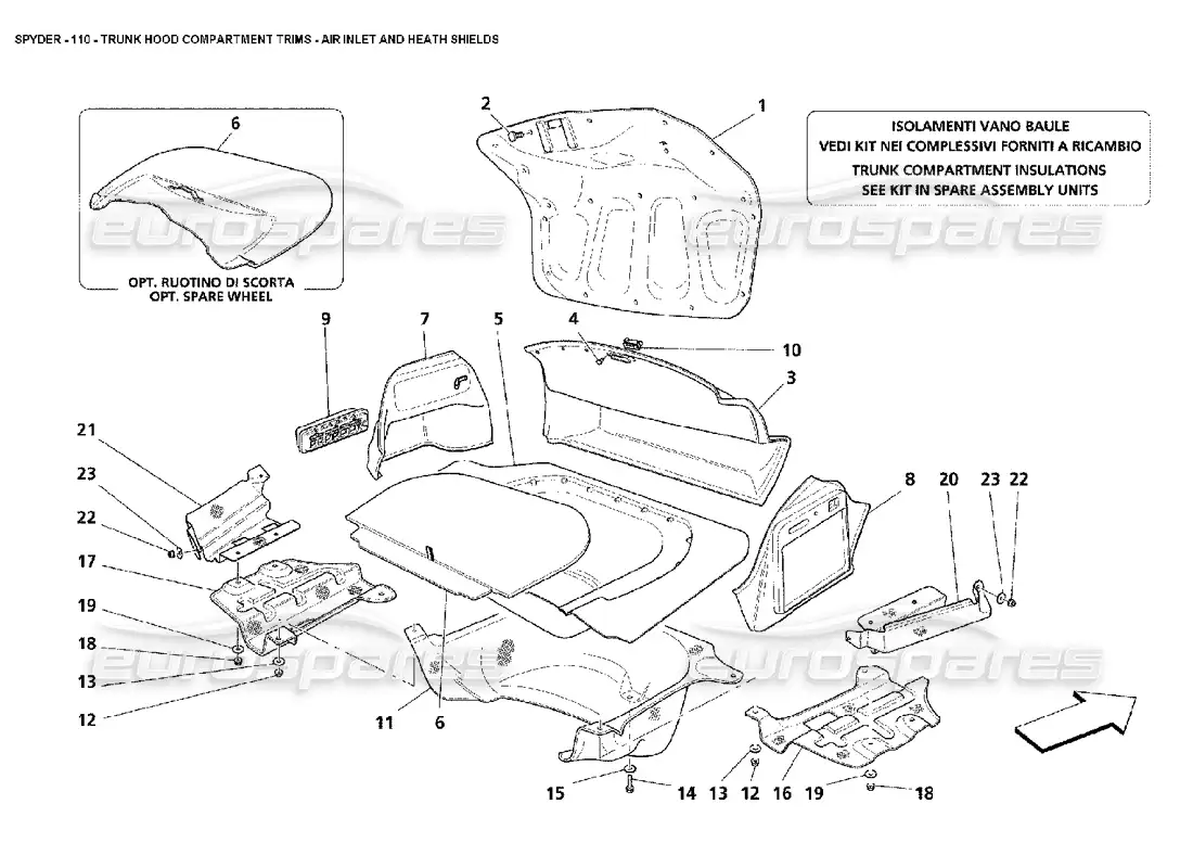 maserati 4200 spyder (2002) trunk hood compartment trims - air inlet and heath shields parts diagram