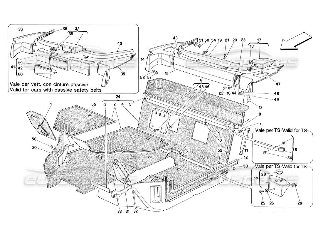 ferrari 348 (1993) tb / ts passengers compartment carpets part diagram