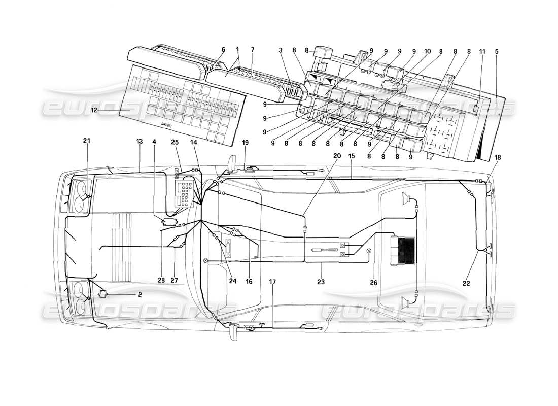 ferrari 400i (1983 mechanical) electrical system, fuses and relays part diagram