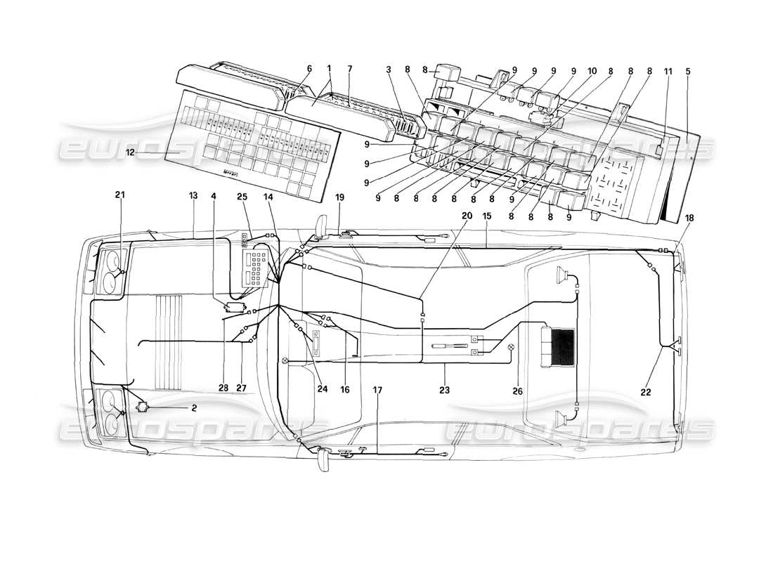 ferrari 400i (1983 mechanical) electrical system, fuses and relays parts diagram