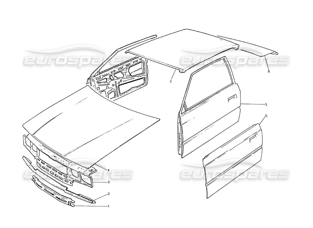 maserati biturbo 2.5 (1984) body shell - front panel, roof panel, doors, bonnet, boot lid parts diagram