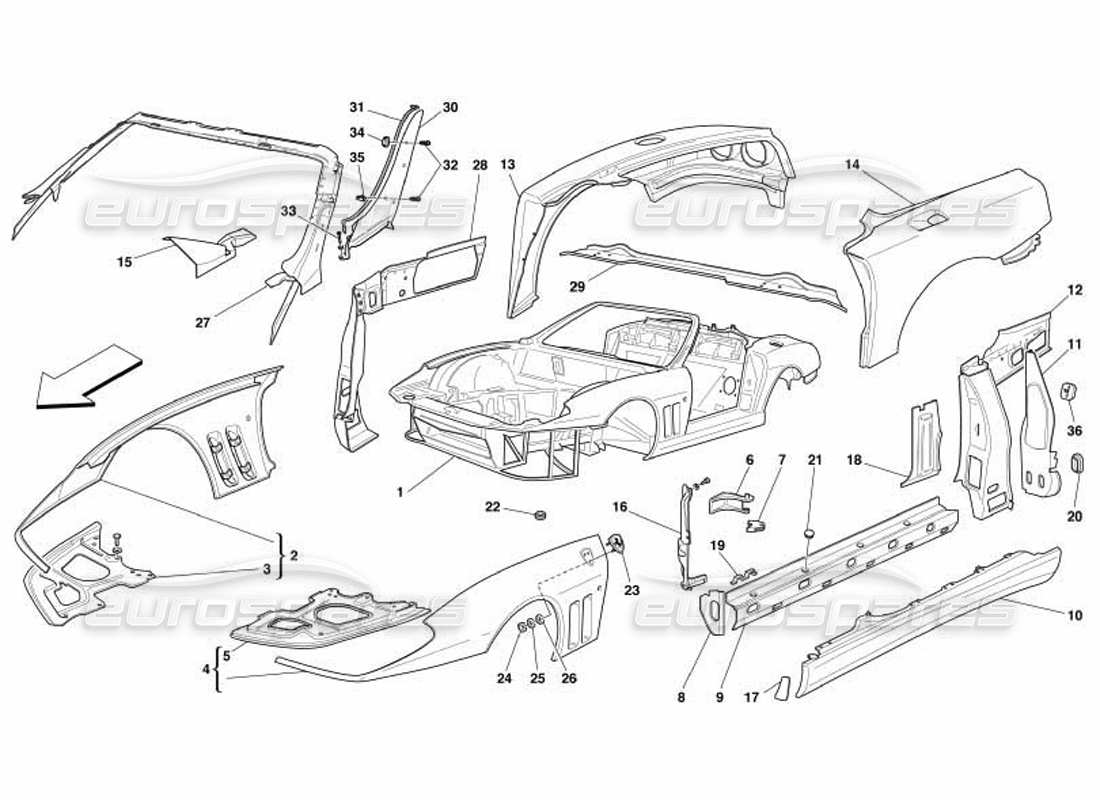 ferrari 550 barchetta body - outer trims parts diagram