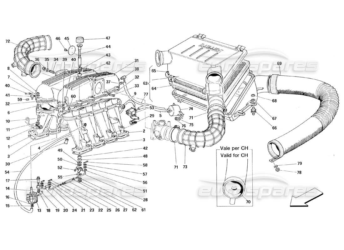 ferrari 348 (1993) tb / ts manifolds and air intake part diagram