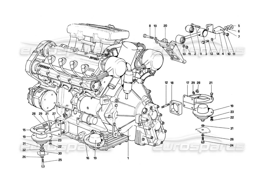 ferrari 208 turbo (1982) engine - gearbox and supports parts diagram