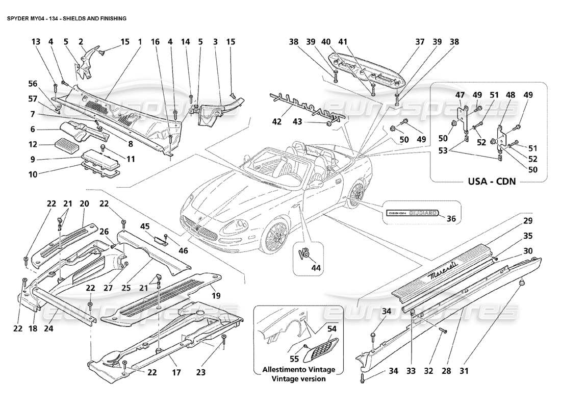 maserati 4200 spyder (2004) shields and finishing parts diagram