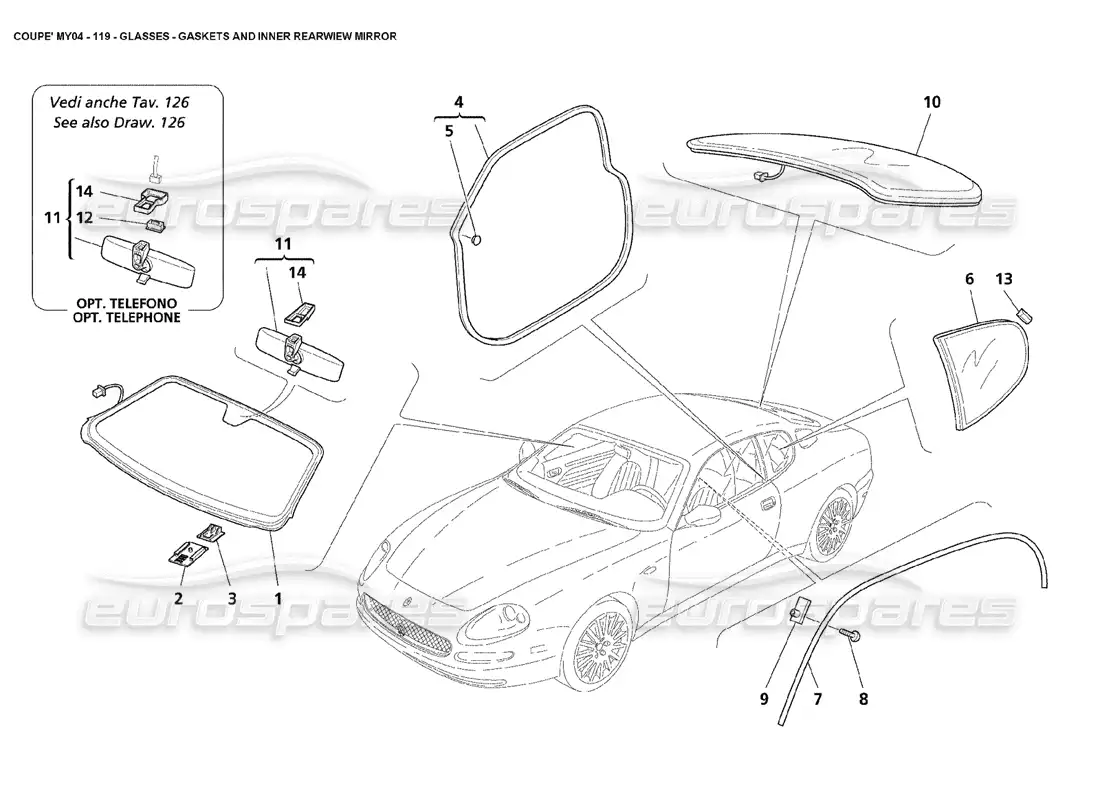 maserati 4200 coupe (2004) glasses gaskets and inner rearwiew mirror parts diagram