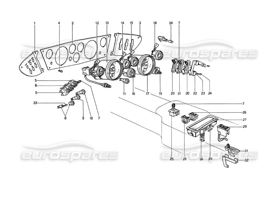 ferrari 208 gt4 dino (1975) instruments and accessories parts diagram
