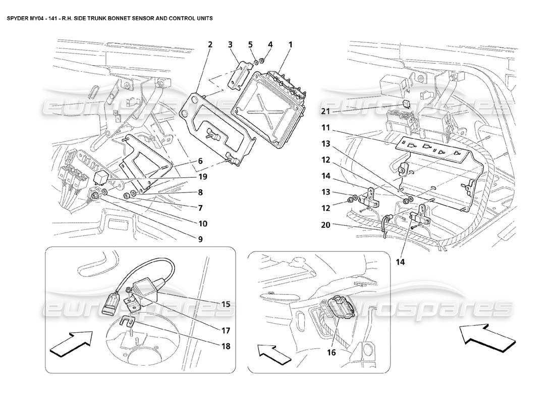 maserati 4200 spyder (2004) rh side trunk bonnet sensor and control units parts diagram