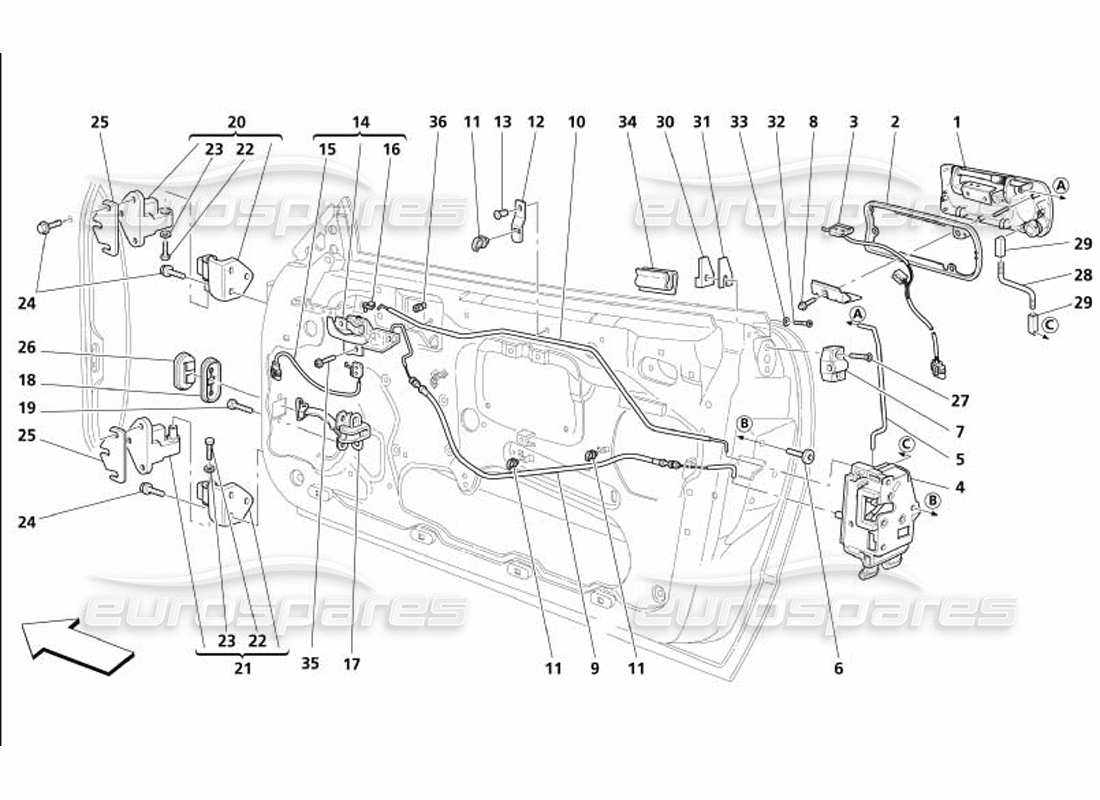 maserati 4200 gransport (2005) doors - opening control and hinges part diagram