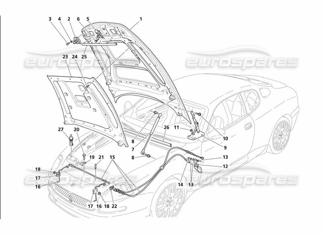 maserati 4200 gransport (2005) engine bonnet and opening device part diagram