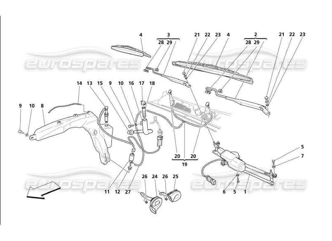 maserati 4200 gransport (2005) windshield - glass washer and horns part diagram