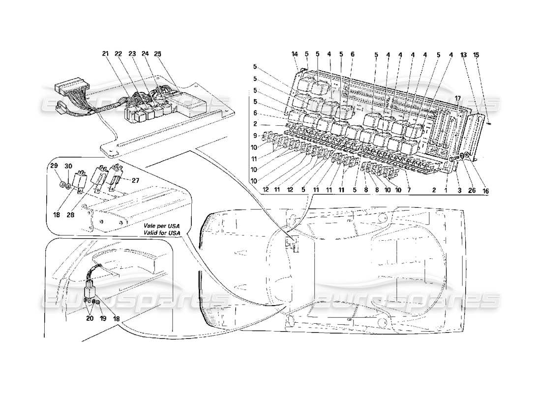 ferrari f40 electrical board - fuses - relays parts diagram