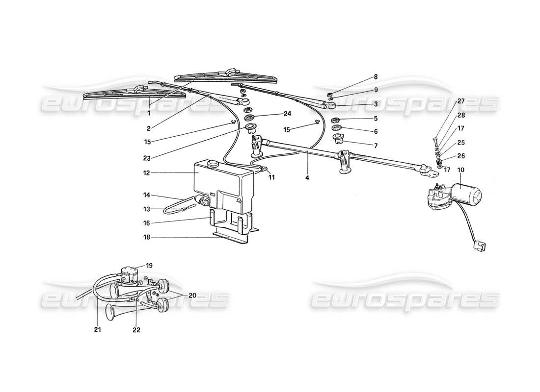 ferrari 288 gto windshield wiper - washer and horn parts diagram