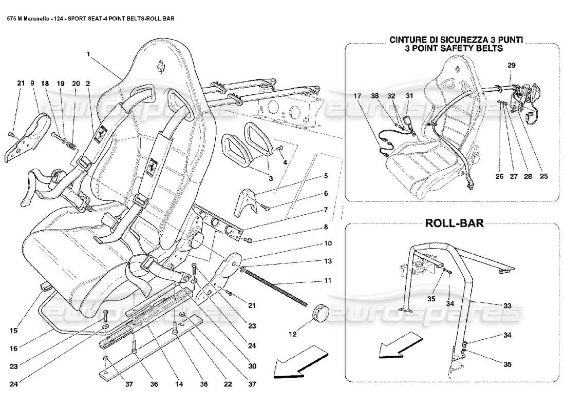 ferrari 575m maranello sport seat 4 point belts roll bar part diagram