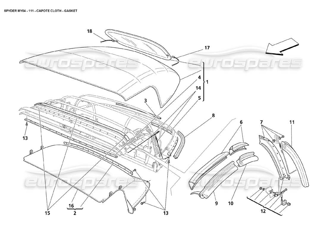 maserati 4200 spyder (2004) capote cloth gasket parts diagram