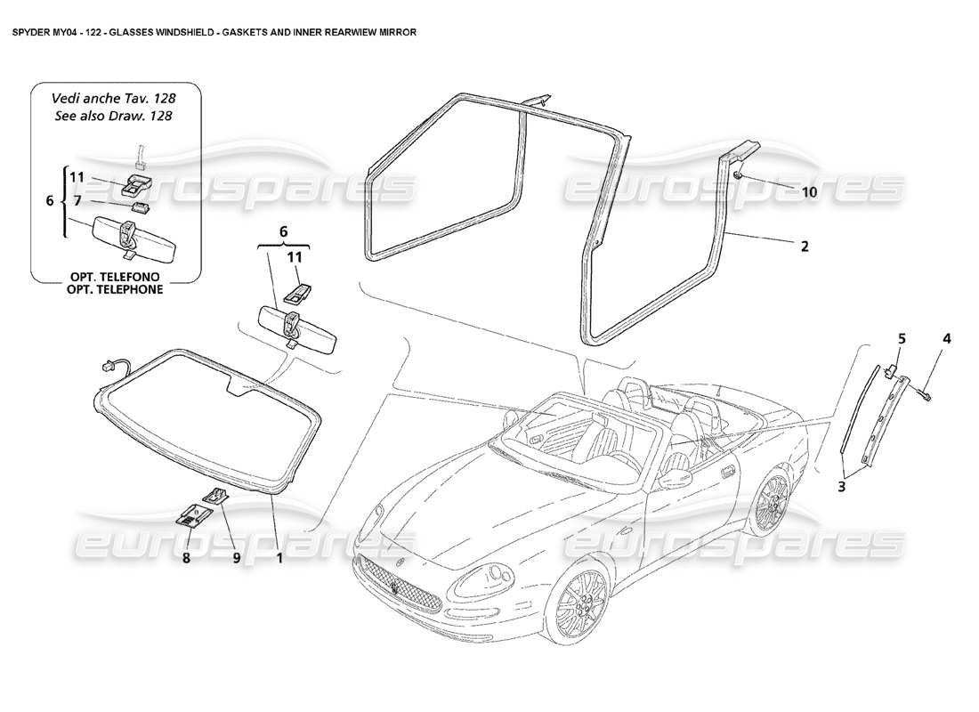 maserati 4200 spyder (2004) glasses windshield parts diagram