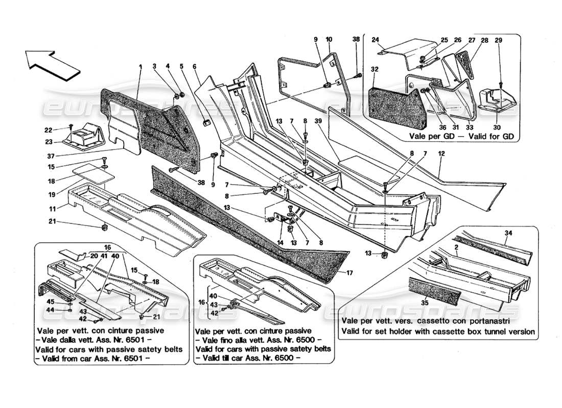 ferrari 348 (1993) tb / ts tunnel - framework and trims part diagram