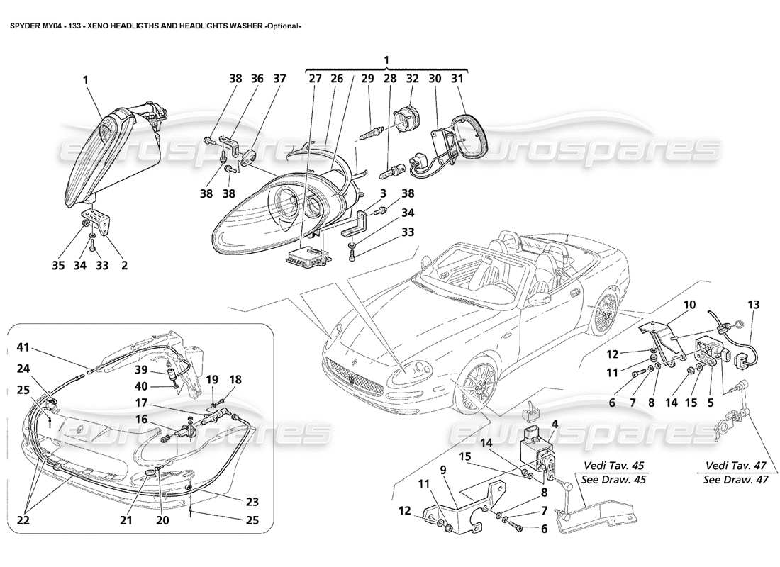 maserati 4200 spyder (2004) xeno headligths and headlights washer optional parts diagram