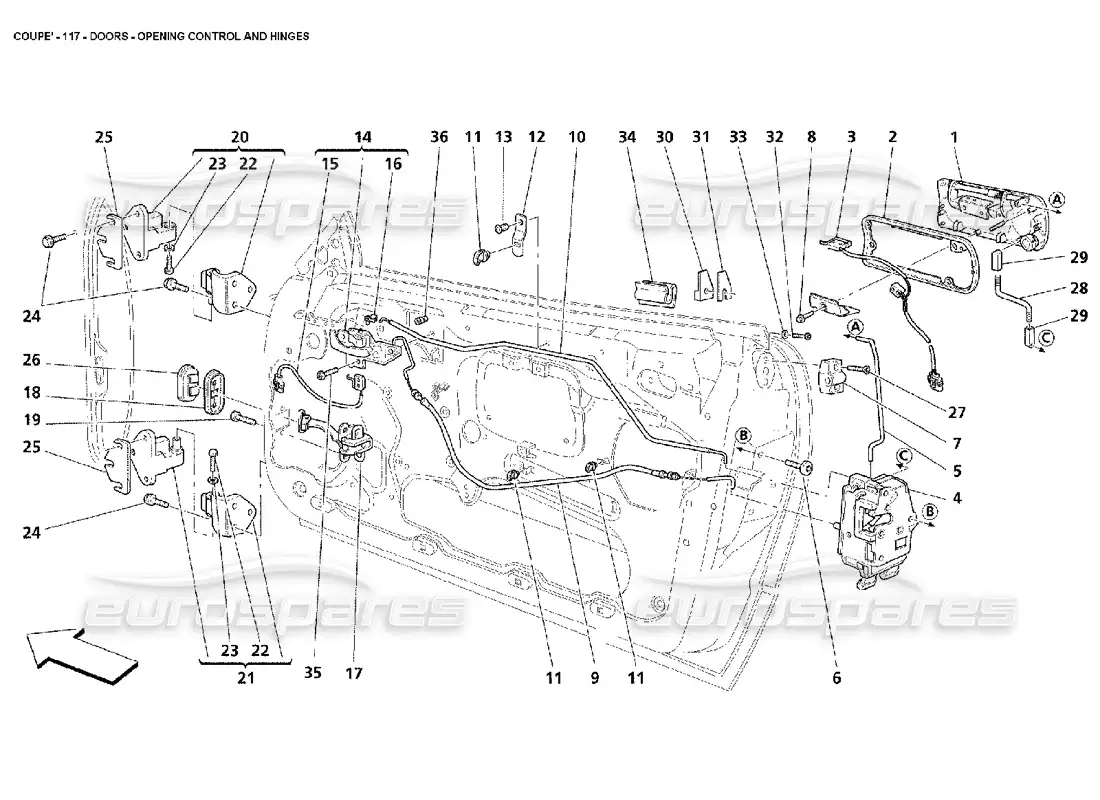 maserati 4200 coupe (2002) doors - opening control and hinges parts diagram