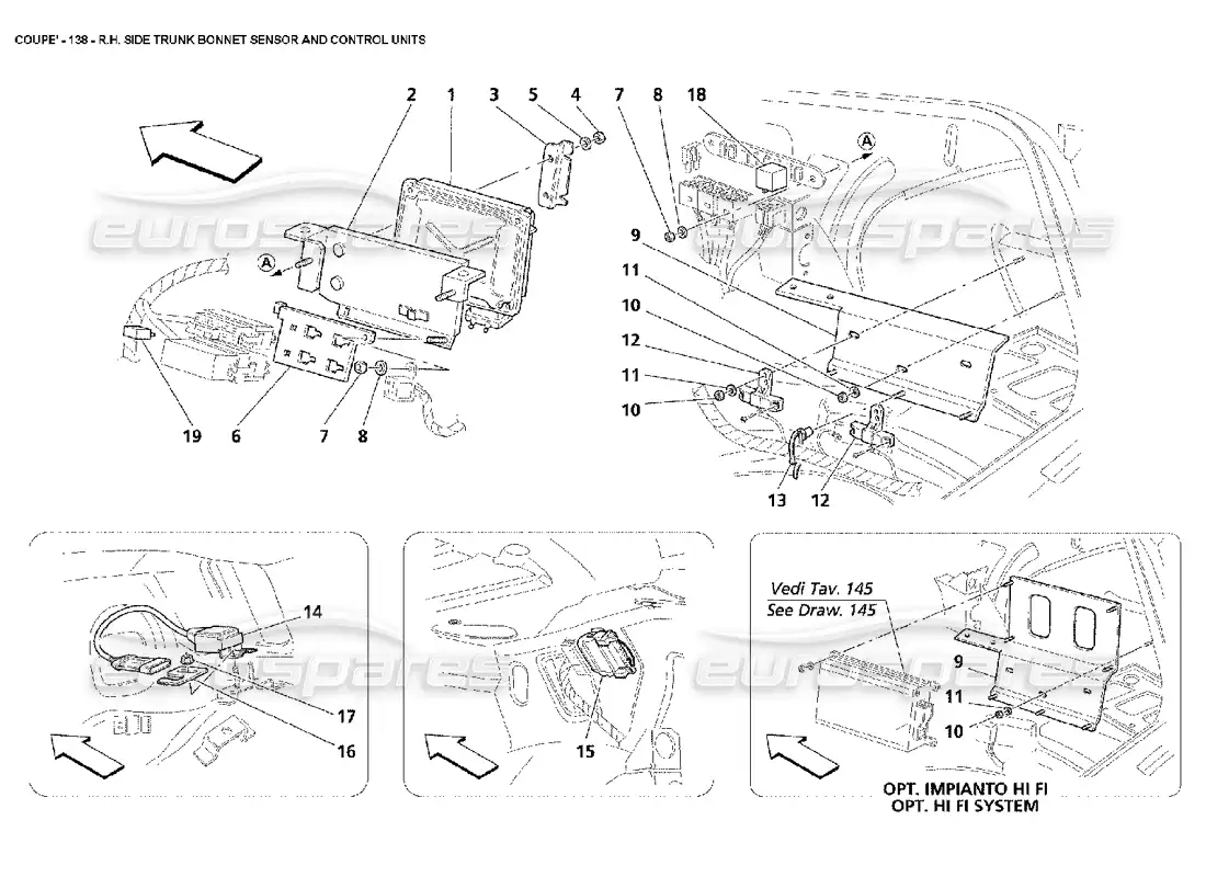 maserati 4200 coupe (2002) rh side trunk bonnet sensor and control units parts diagram