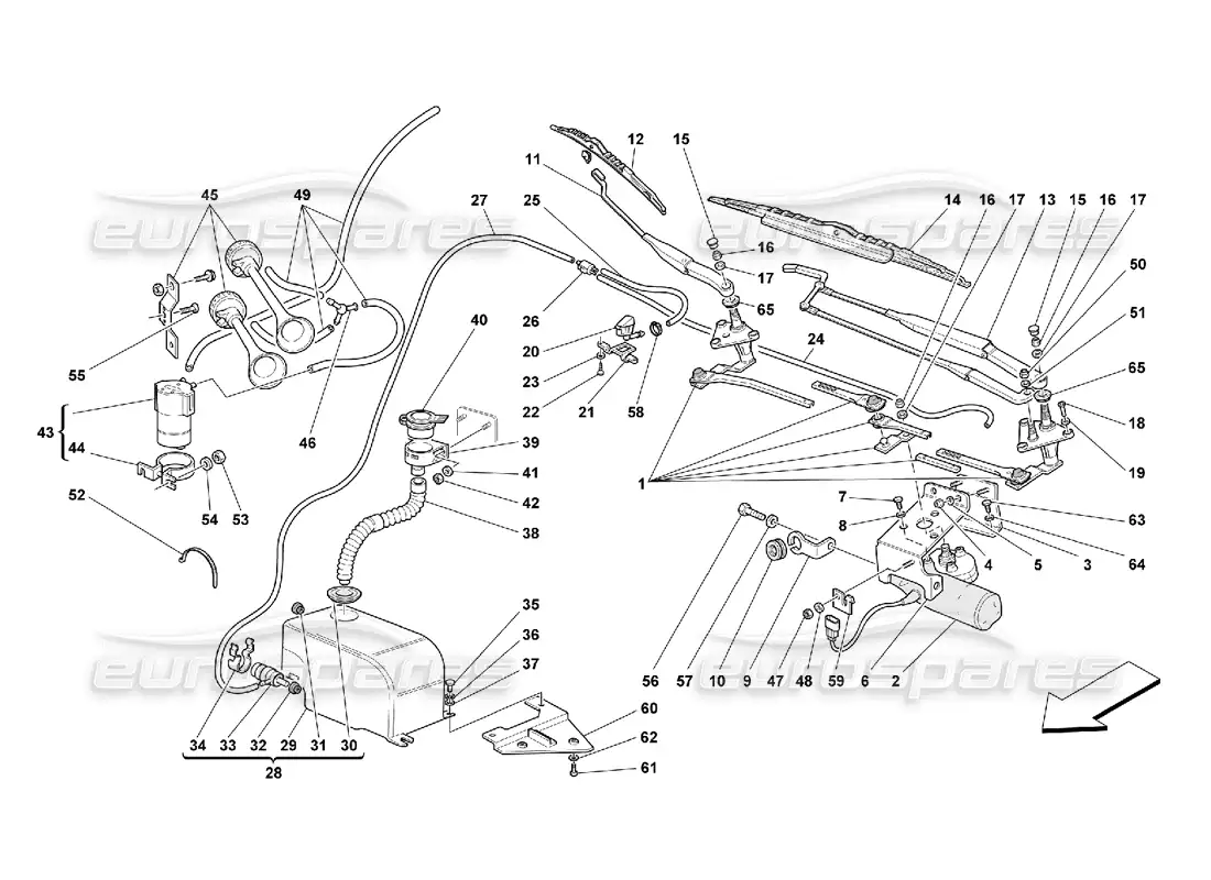 ferrari 550 maranello windscreen wiper, windscreen washer and horns parts diagram