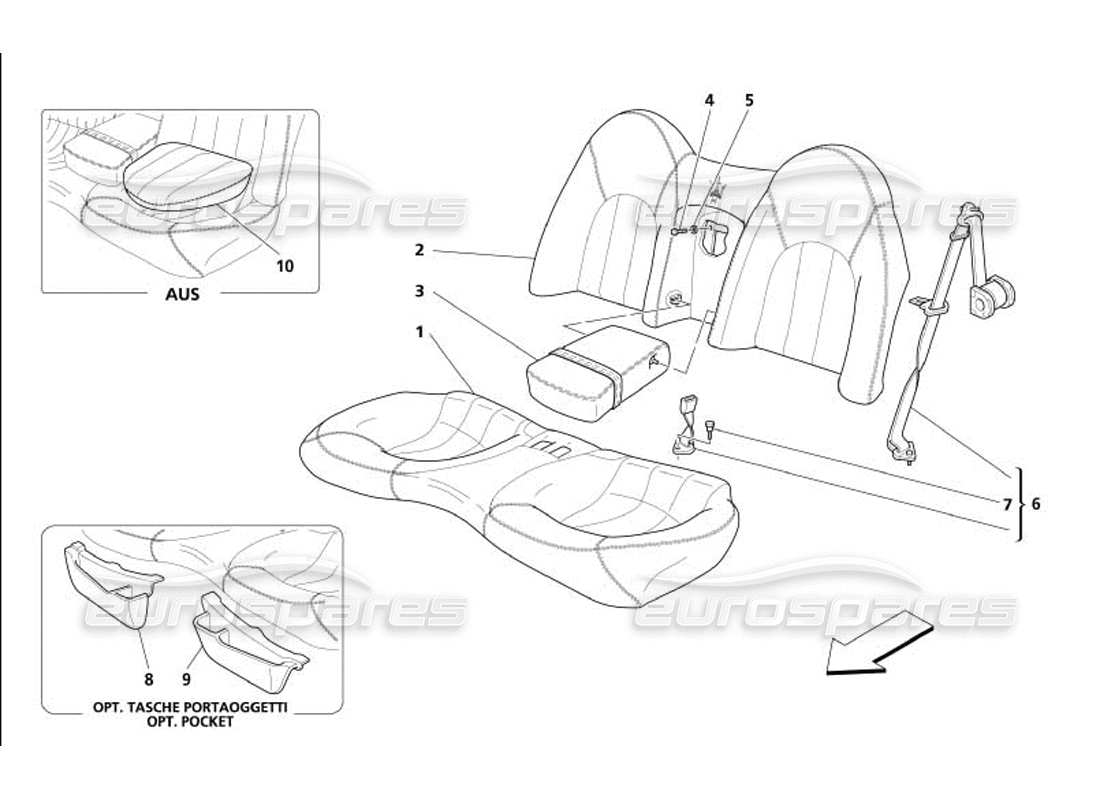 maserati 4200 gransport (2005) rear seat and seat belt parts diagram