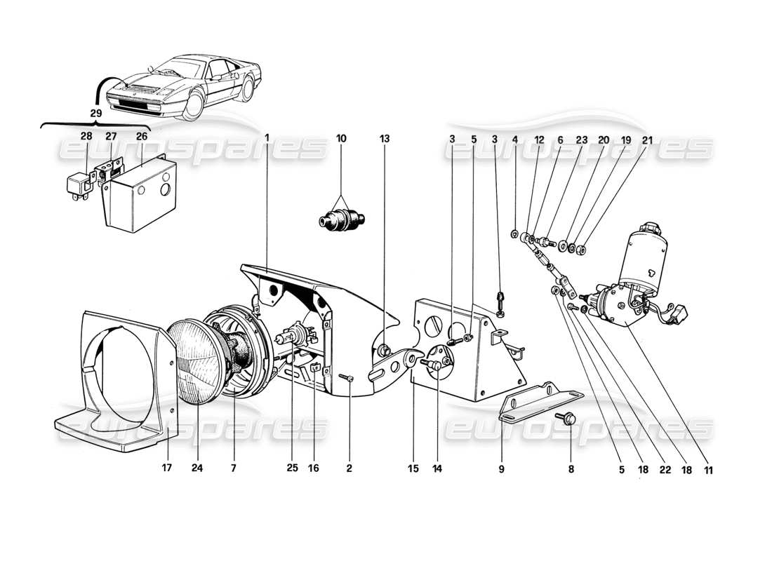 ferrari 328 (1988) lights lifting device and headlights part diagram