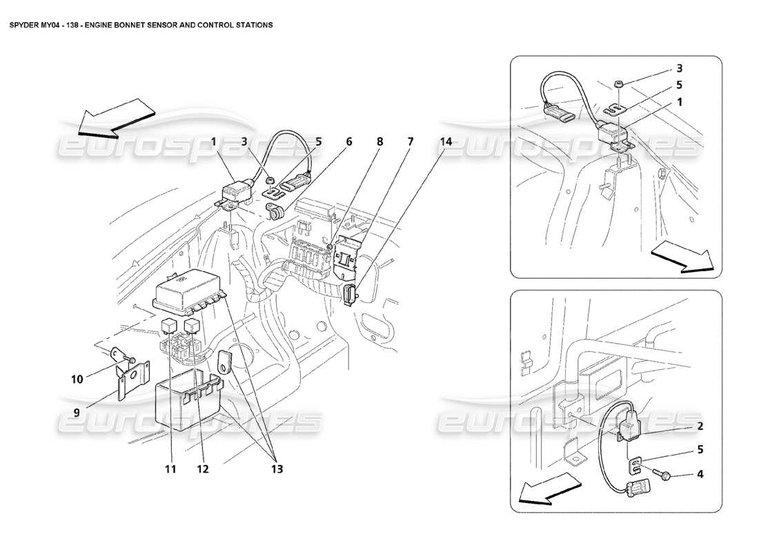 maserati 4200 spyder (2004) engine bonnet sensor and control stations parts diagram