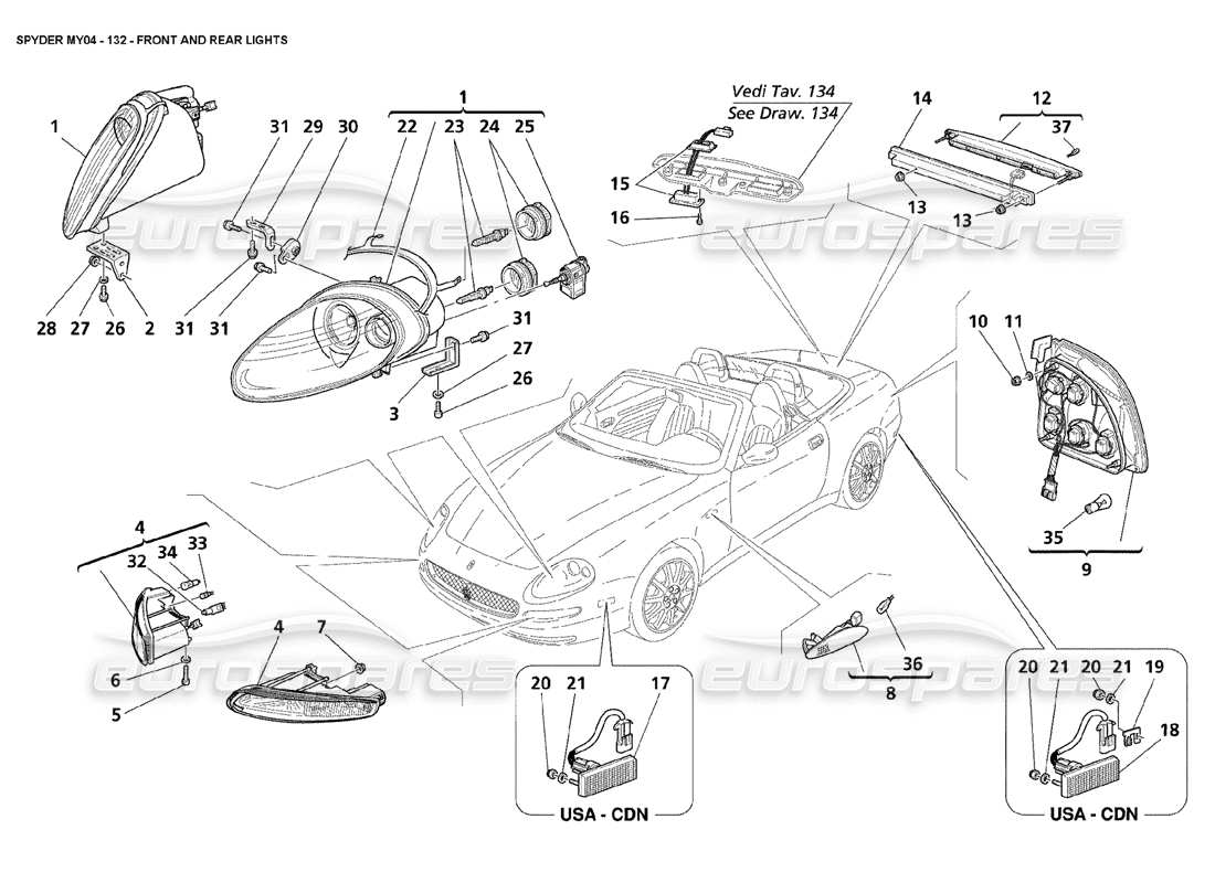 maserati 4200 spyder (2004) front and rear lights parts diagram