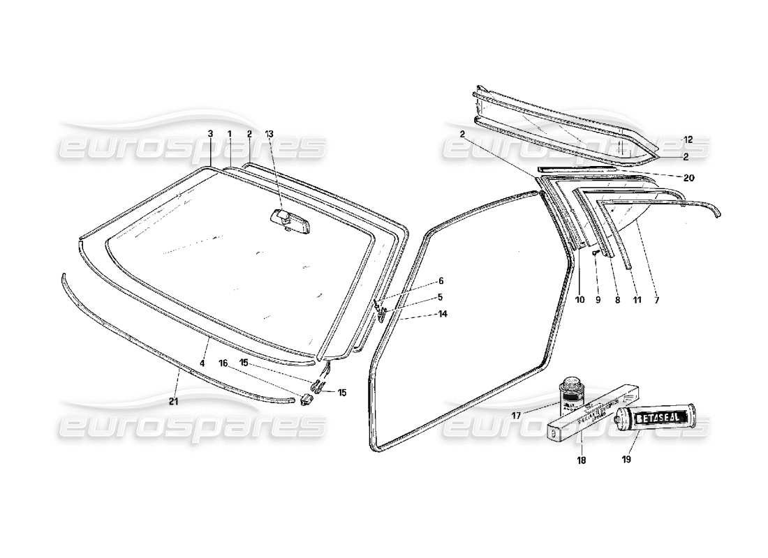 ferrari f40 sliding glasses and packings parts diagram