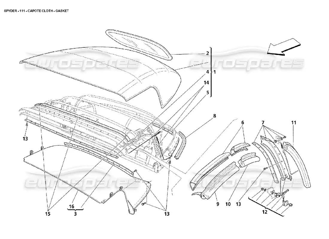 maserati 4200 spyder (2002) capote cloth - gasket parts diagram