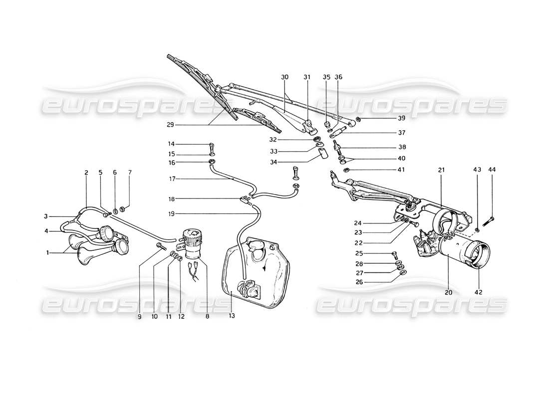 ferrari 365 gt4 berlinetta boxer windshield wiper, washer and horns parts diagram