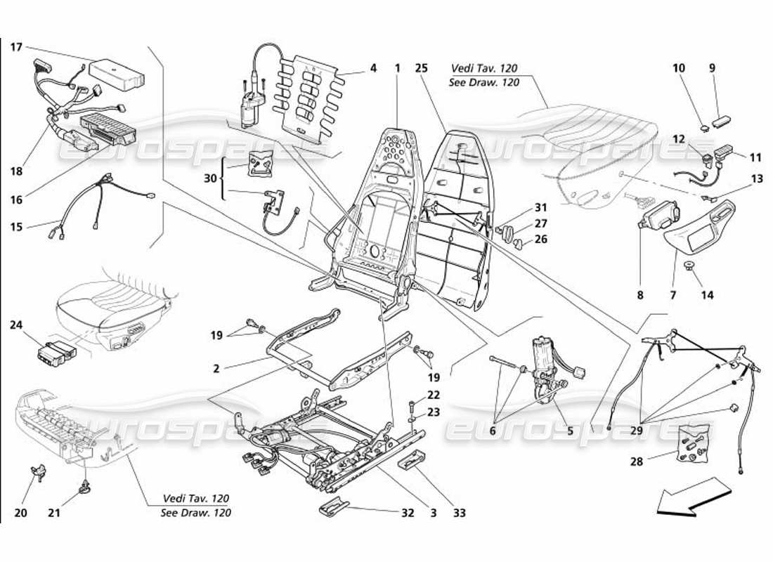 maserati 4200 coupe (2005) front seat - guide and movement parts diagram