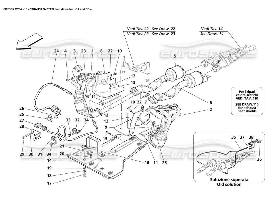 maserati 4200 spyder (2004) exhaust system variations for usa and cdn part diagram