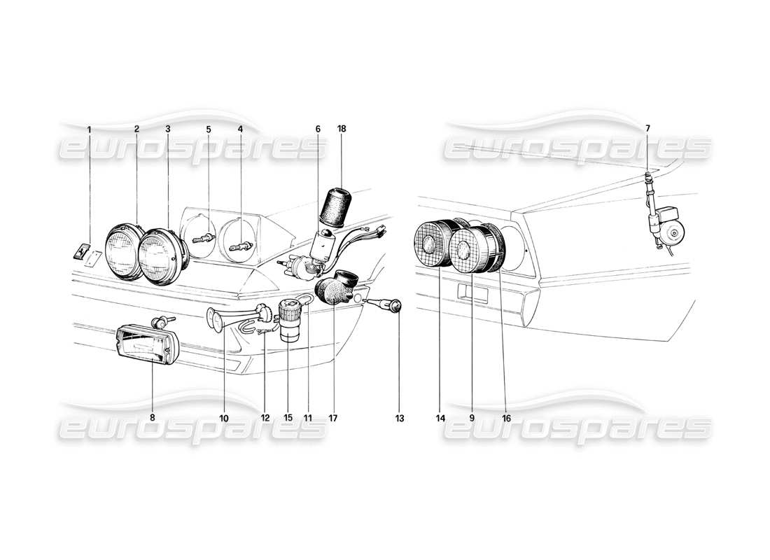 ferrari 400i (1983 mechanical) front and rear lights - horns and aerial part diagram