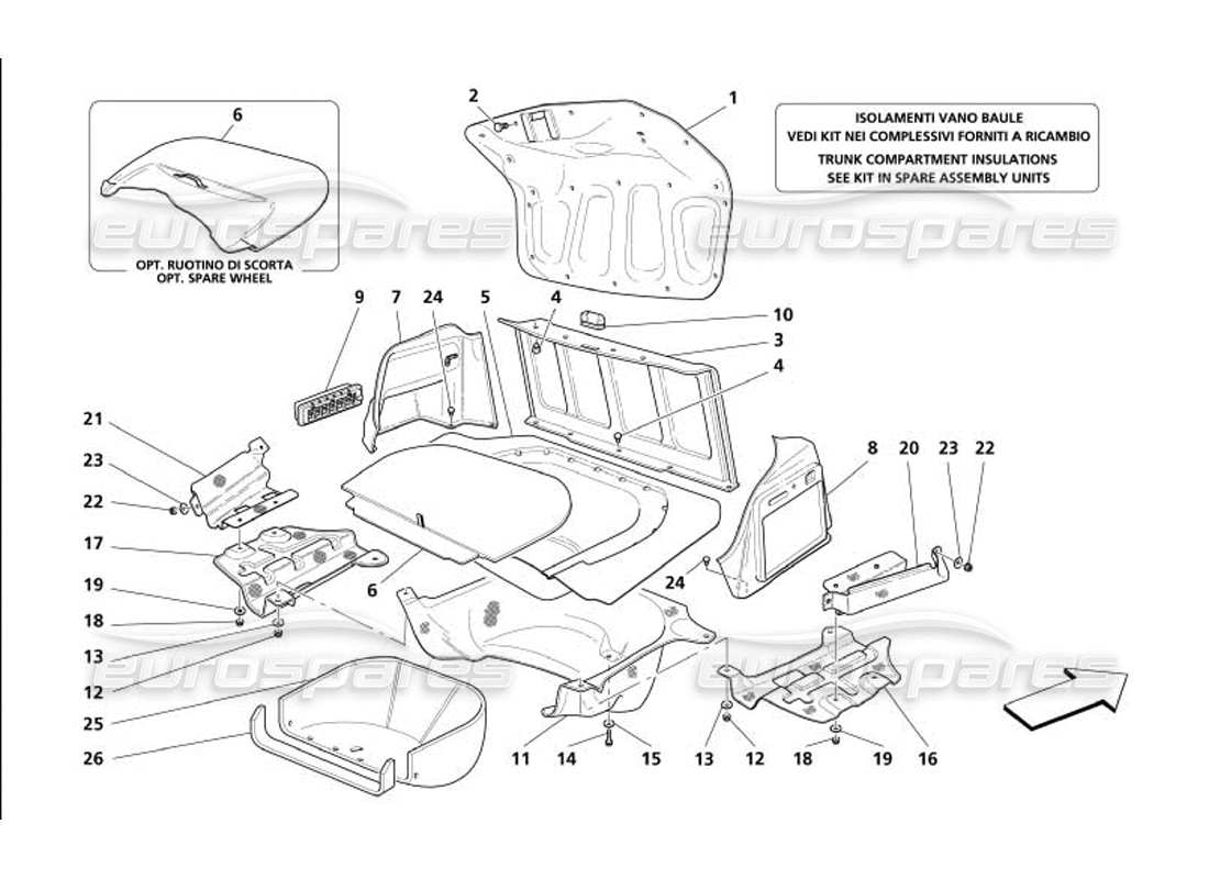 maserati 4200 gransport (2005) trunk hood compartment trims - air inlet and heath shields part diagram