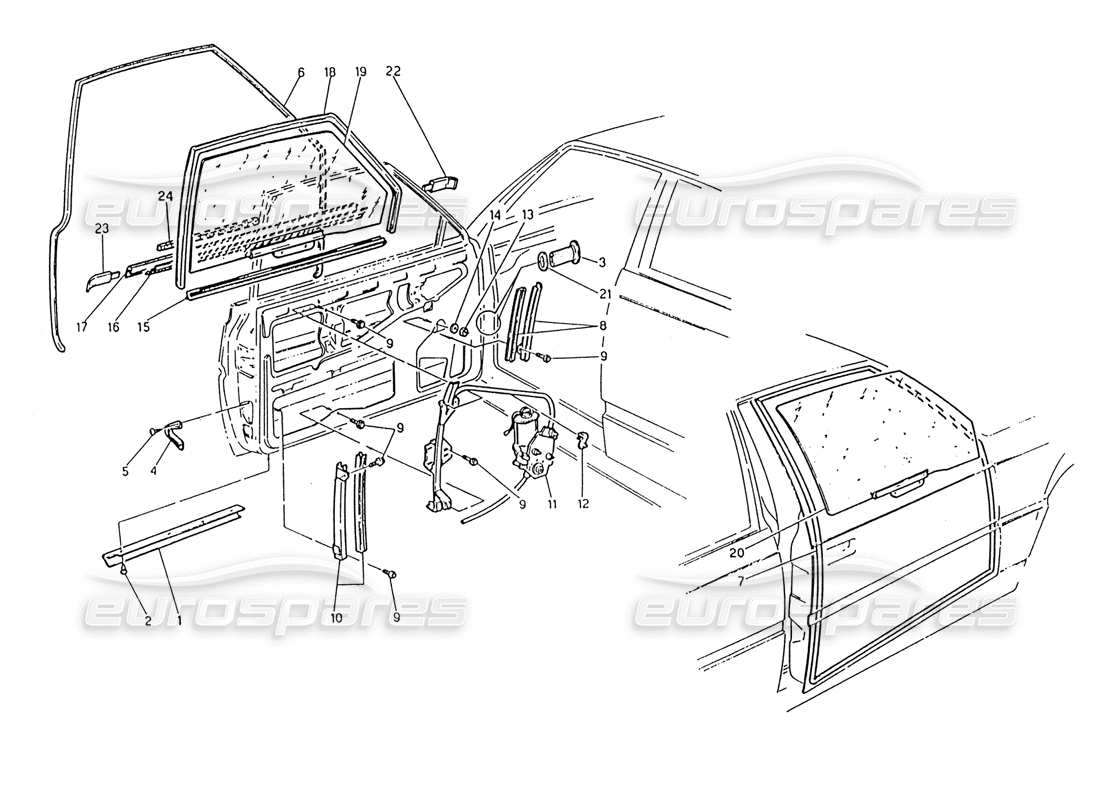 maserati 222 / 222e biturbo doors: windows and regulators part diagram