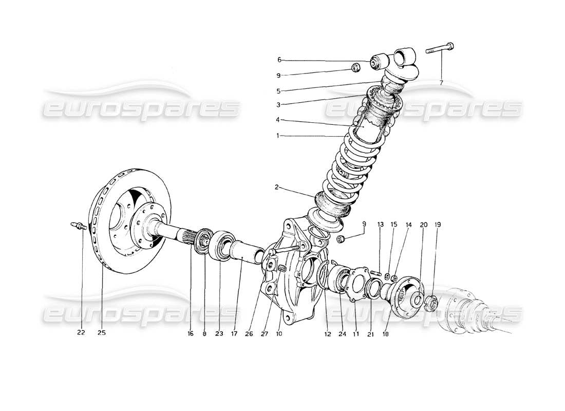 ferrari 208 gt4 dino (1975) rear suspension - shock absorber and brake disc part diagram