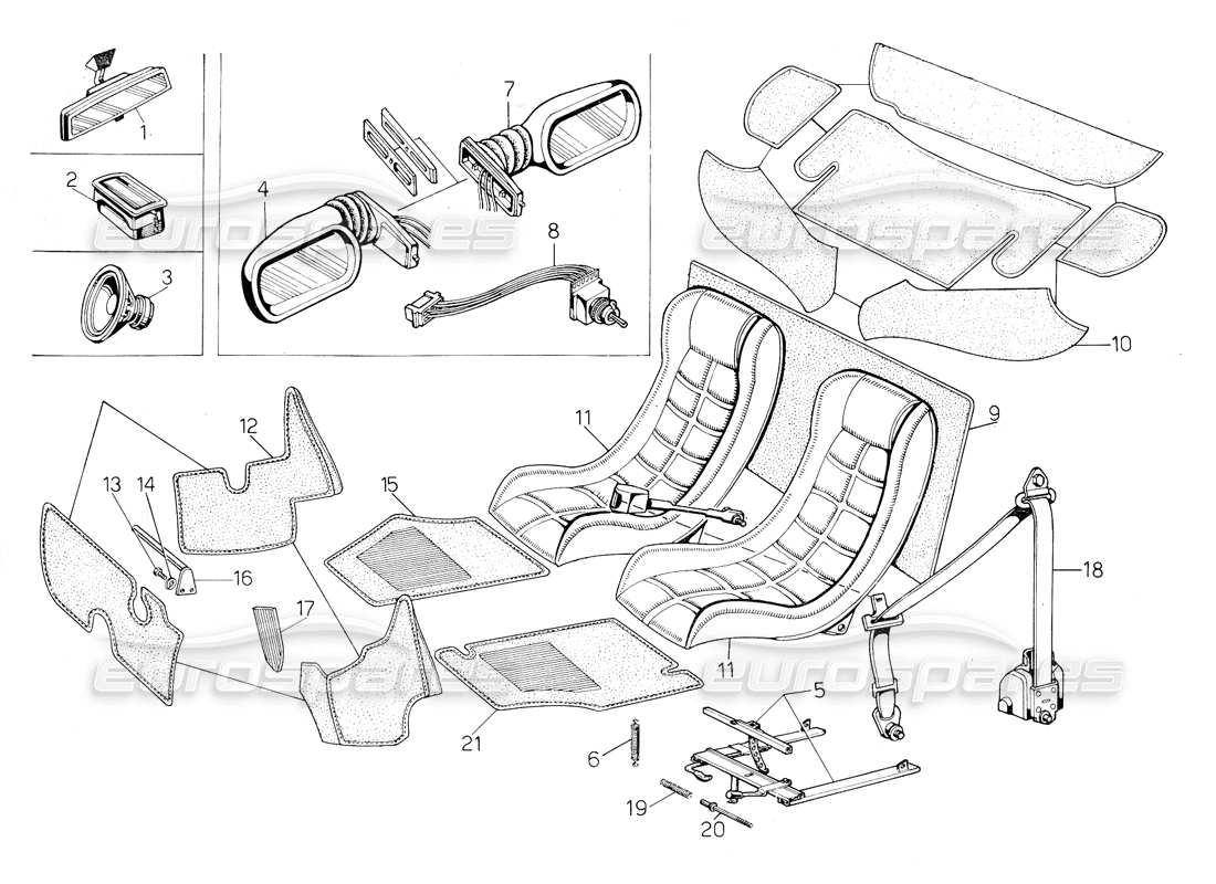 lamborghini countach 5000 qv (1985) seats, accessories and trims parts diagram