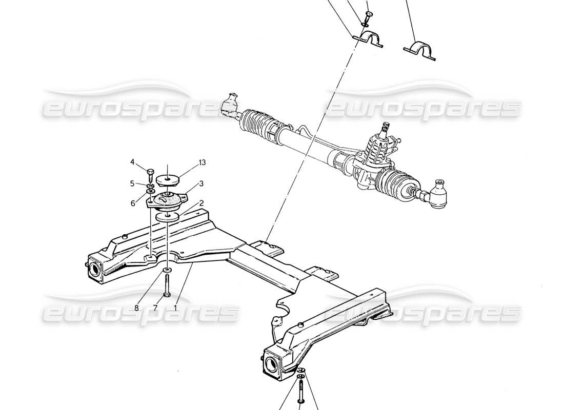 maserati 222 / 222e biturbo front subframe and steering box part diagram